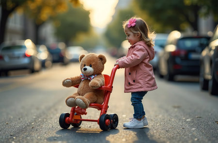 AI Generative Girl Pushing Teddy Bear In Stroller On Street, Stuffed Toy In Baby carriageの素材