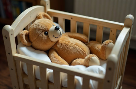 AI Generative Teddy bear lying in crib, stuffed toy in children's bedroomの素材