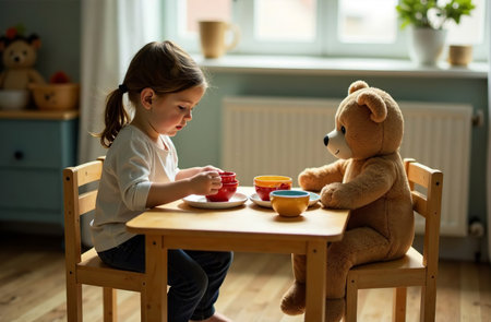 AI Generative Girl and teddy bear sitting at children's table, tea party gameの素材