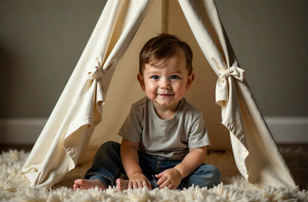 AI Generative Child sitting in children's teepee on white carpet in playroomの素材