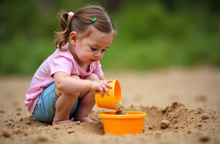 AI Generative Little girl playing in the sand on sandbox, the childhood of a todlerの素材