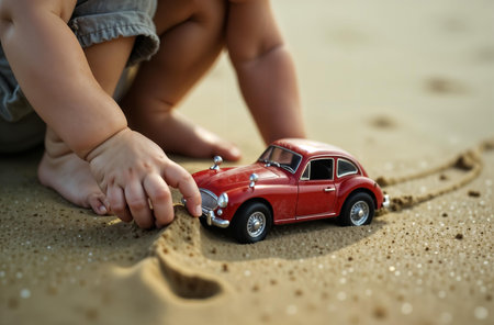 AI Generative Little boy playing in the sand on the beach by the sea, the childhood of a todlerの素材
