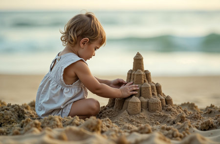 AI Generative Little girl playing in the sand on the beach by the sea, the childhood of a todlerの素材