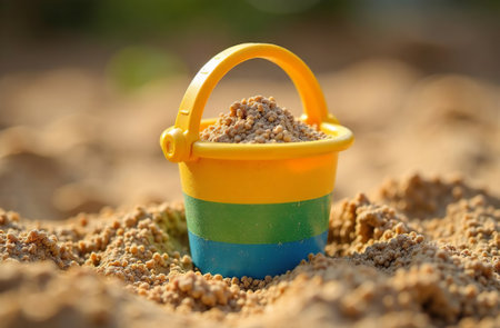 AI Generative Colorful children's toy bucket with sand stands in the sandboxの素材