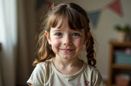 AI Generative Portrait of little girl in the children's room, happy childhoodの素材