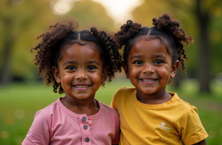 AI Generative Portrait of two little girls walking in the park, happy childhoodの素材
