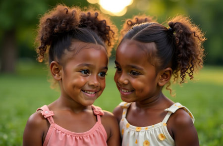 AI Generative Portrait of two little girls walking in the park, happy childhoodの素材