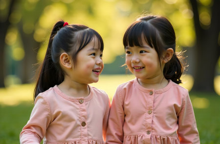 AI Generative Portrait of two little girls walking in the park, happy childhoodの素材