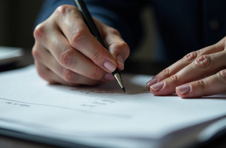AI Generative Hand holding a pen and signing documents, businessman workplace deskの素材