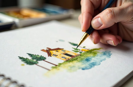 AI Generative Hand hold brush and draw house, art tools for the hobby of drawingの素材