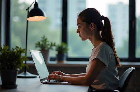 AI Generative Woman Worker Work on Laptop at Desk in Office, remote work on notebookの素材