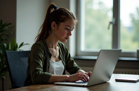 AI Generative Woman Worker Work on Laptop at Desk in Office, remote work on notebookの素材
