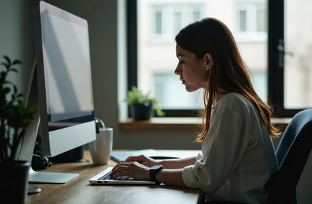 AI Generative Woman Worker Work on Laptop at Desk in Office, remote work on notebookの素材