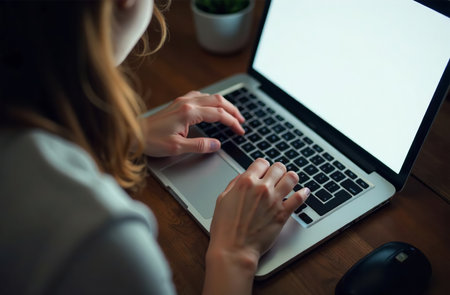 AI Generative Woman Worker Work on Laptop at Desk in Office, remote work on notebookの素材