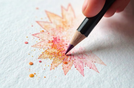 AI Generative Many multi-colored pencils lie on white paper, art tools for the hobby of drawingの素材