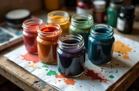 AI Generative Gouache paints on the artist's desktop, art tools for the hobby of drawingの素材