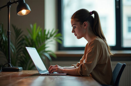 AI Generative Woman Worker Work on Laptop at Desk in Office, remote work on notebookの素材