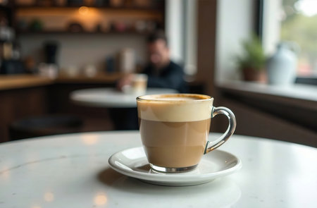 AI Generative Glass mug with coffee on light background, drink photography for restaurant menuの素材