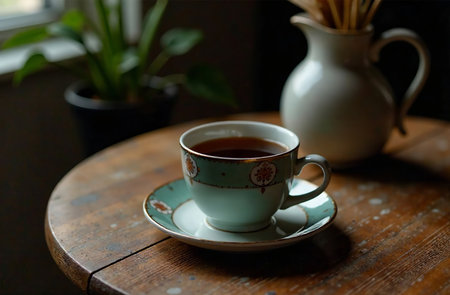 AI Generative Glass mug with tea on dark background, drink photography for restaurant menuの素材