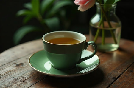 AI Generative Glass mug with tea on dark background, drink photography for restaurant menuの素材