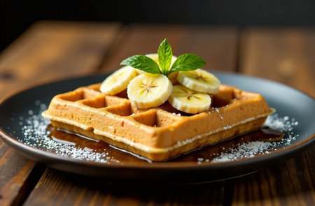 AI Generative Square Belgian Waffle With banana, Food Photo For Restaurantの素材
