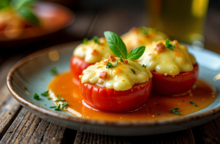 AI Generative Tomato with cheese cooked in the oven on a dark background, food photo for restaurantの素材