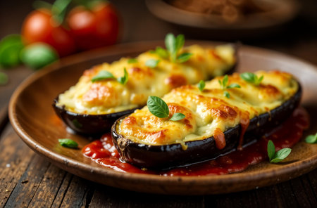 AI Generative Eggplant with cheese cooked in the oven on a dark background, food photo for restaurantの素材
