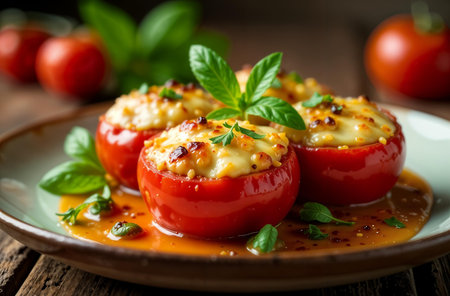 AI Generative Tomato with cheese cooked in the oven on a dark background, food photo for restaurantの素材