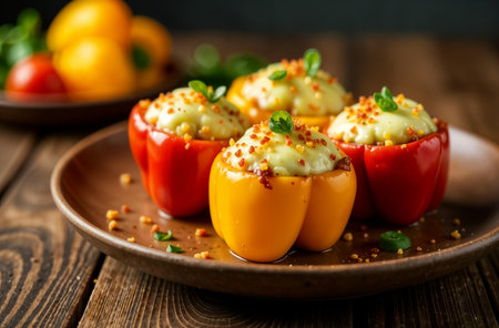 AI Generative Peppers with cheese cooked in the oven on a dark background, food photo for restaurantの素材
