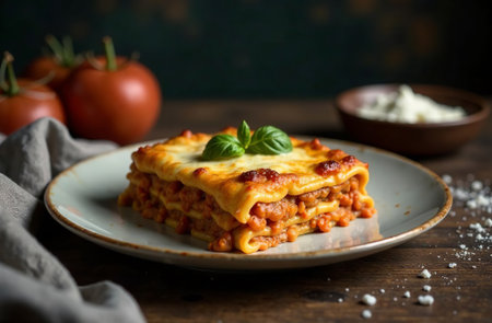 AI Generative Piece of lasagna on dark background, photo of food for Italian restaurantの素材