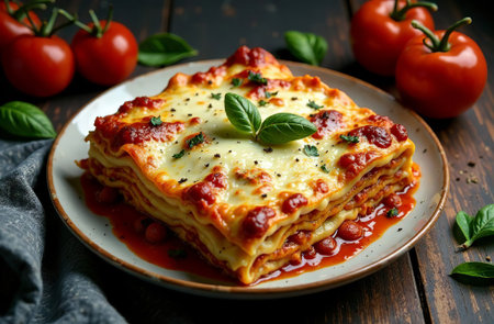 AI Generative Piece of lasagna on dark background, photo of food for Italian restaurantの素材