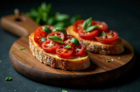 AI Generative Piece of bruschetta on dark background, photo of food for Italian restaurantの素材