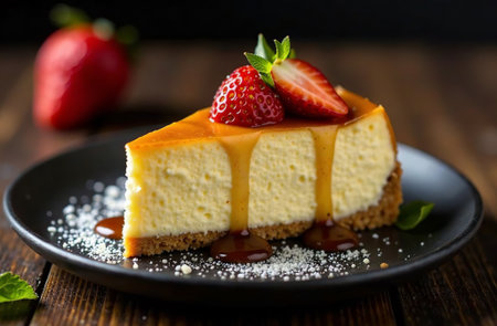 AI Generative Piece of classic cheesecake with strawberries, dessert photo for restaurantの素材