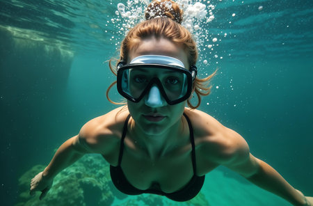 AI Generative Diver in mask swimming under the water of the sea, active vacation on the oceanの素材
