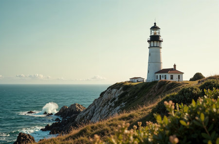 AI Generative Lighthouse in ocean, seascape, waves, blue sky, stone cape, waterの素材