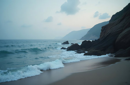 AI Generative Blue ocean wave, white sea foam, seascape, deserted sandy beachの素材