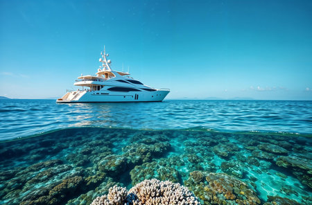 AI Generative Ship yacht on the surface of the ocean water, sea corals underwaterの素材
