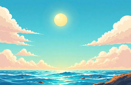 AI Generative Blue ocean wave, white sea foam, seascape, deserted sandy beachの素材