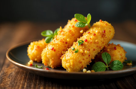AI Generative cheese sticks on a dark background, photo of food for restaurant menuの素材