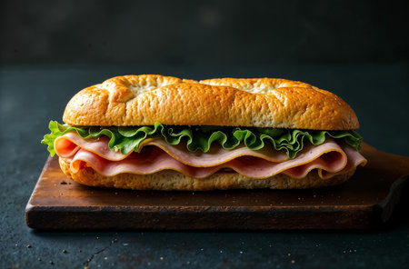 AI Generative Juicy sandwich with ham on a dark background. Food Photography for Restaurant Menuの素材