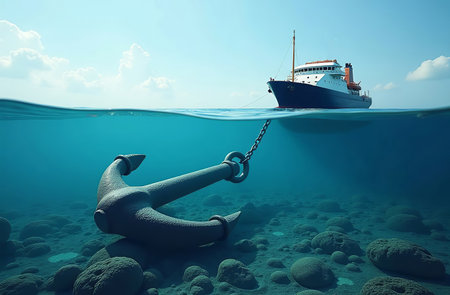 AI Generative Ship yacht on the surface of the ocean water, sea anchor lies underwaterの素材