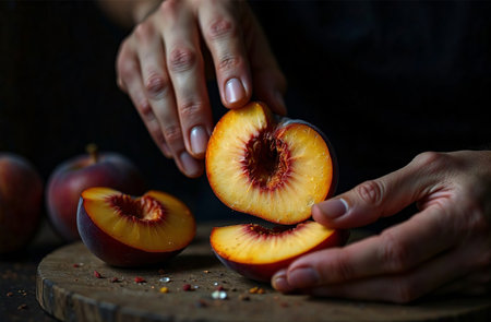 AI Generative Cook cutting peach fruit in kitchen, cooking food in restaurantの素材