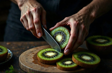 AI Generative Cook cutting kiwi fruit in kitchen, cooking food in restaurantの素材