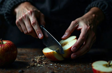 AI Generative Cook cutting apple fruit in kitchen, cooking food in restaurantの素材