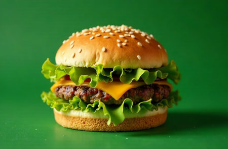 AI Generative Juicy burger with a patty on background. Food Photography for Restaurant Menuの素材