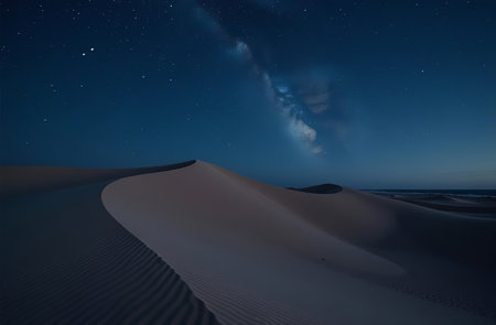AI Generative Sand dunes in sunlight, deserted desert red hills, sun and skyの素材