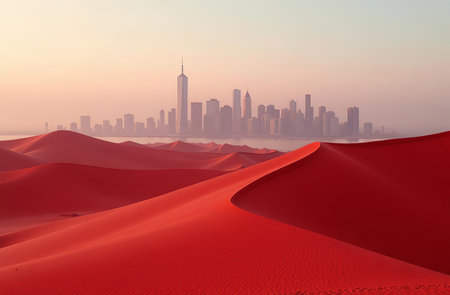 AI Generative Sand dunes in sunlight, deserted desert red hills, sun and skyの素材