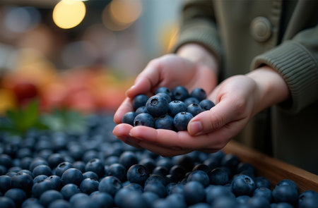 AI Generative Woman buying blueberry at the market, close-up of hands, berries display emporiumの素材