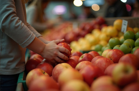 AI Generative Woman buying apples at the market, close-up of hands, fruit display emporiumの素材