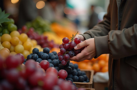 AI Generative Woman buying grape at the market, close-up of hands, fruit display emporiumの素材
